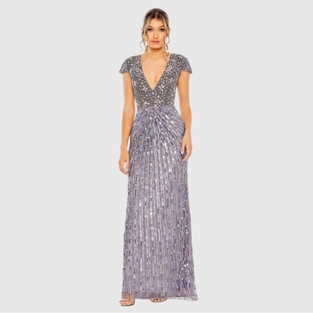 Mac Duggal Silver Sequin Maxi Dress
